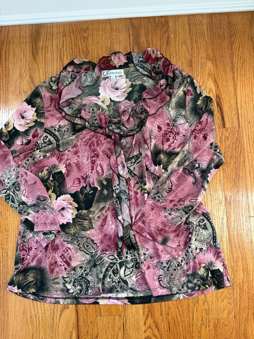 dressbarn Floral Paisley Tie-Neck Blouse - Pink and Black